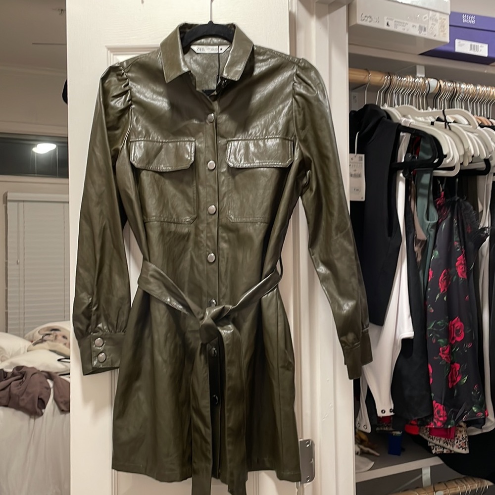 Zara The Lucia Short Dress in Olive Green Faux Leather NWT